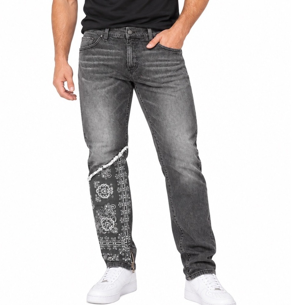 Golden Denim Jeans Mens 40 Black Paisley Bandana Ankle Zip Streetwear Tapered
